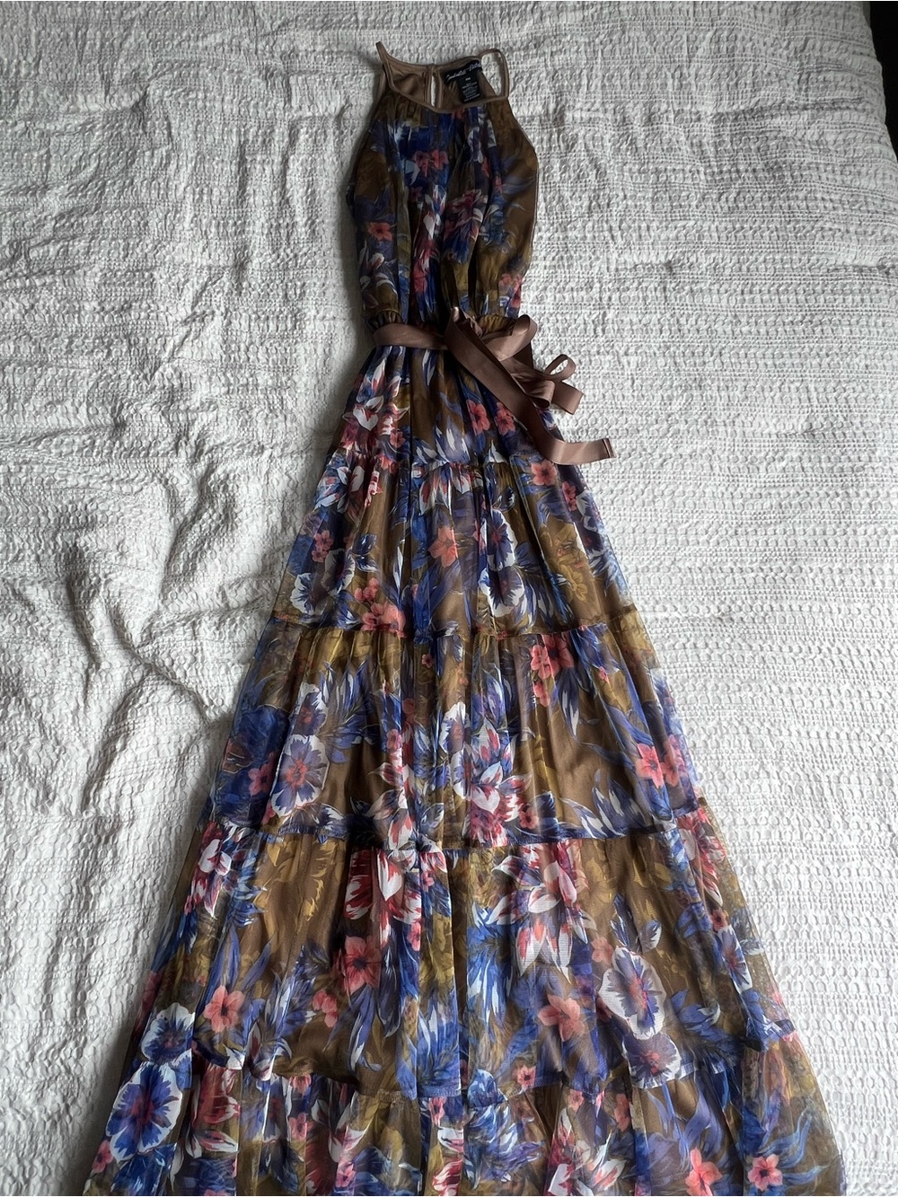 Maxi Floral Halter Dress with Ribbon Waist in Olive